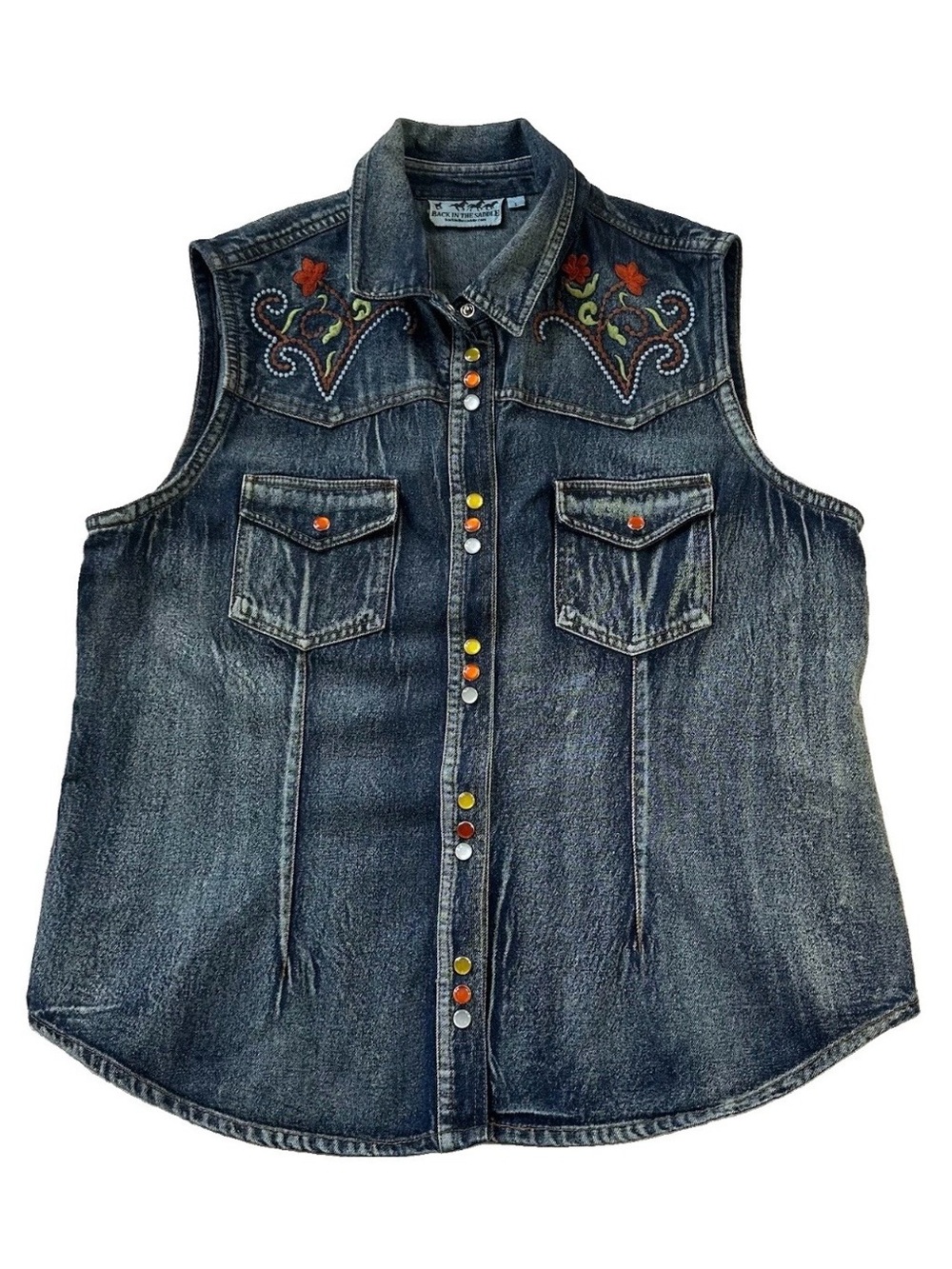 VTG Embroidered Denim Jean Vest Women’s L Back In The Saddle Western Snap Boho